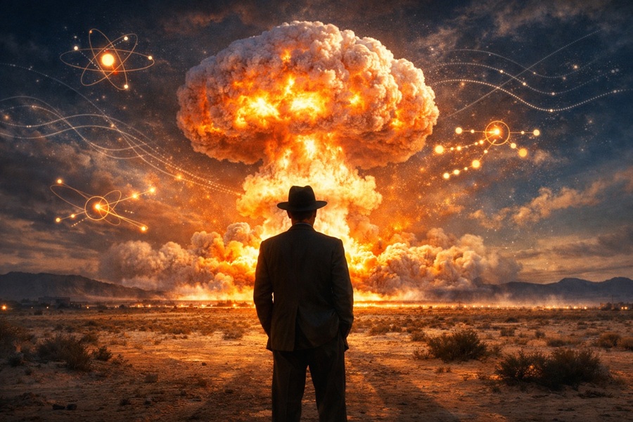 Oppenheimer movie physics explained with Trinity Test explosion and quantum science visuals